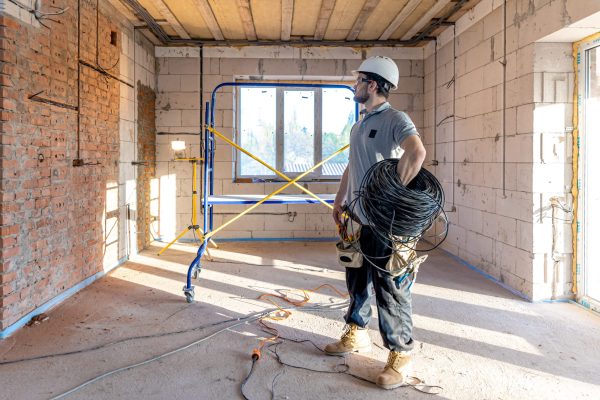 An electrician contractor examines a blueprint at a construction site. An electrician examines a construction drawing while holding an electrical cable in his hand at a work site.